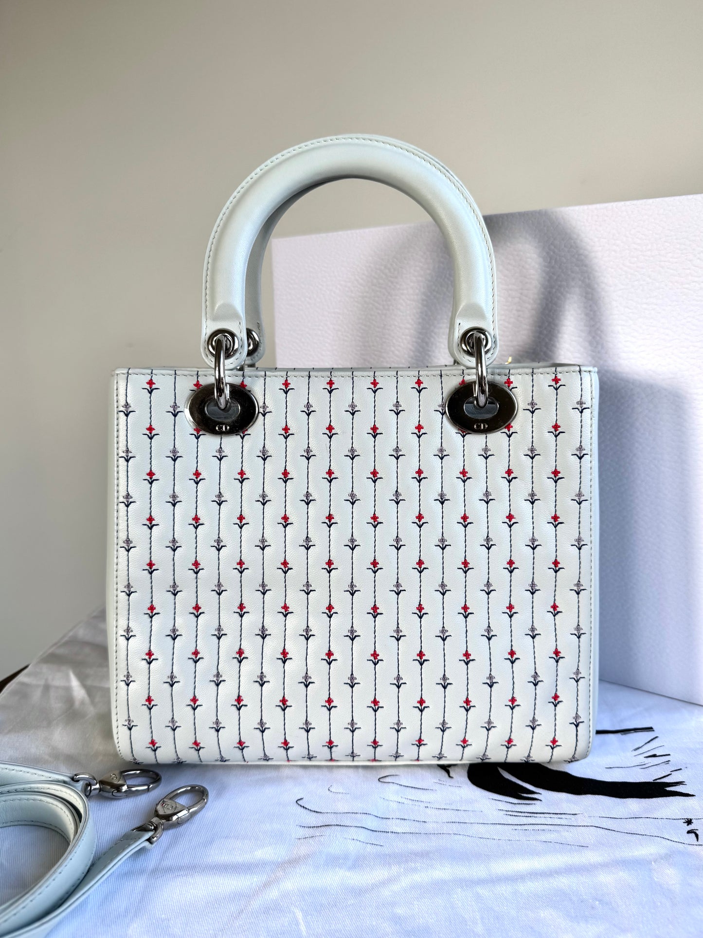 Pre-owned Dior Lady Dior Medium Baby Blue Embroidered Flower Calfskin Bag