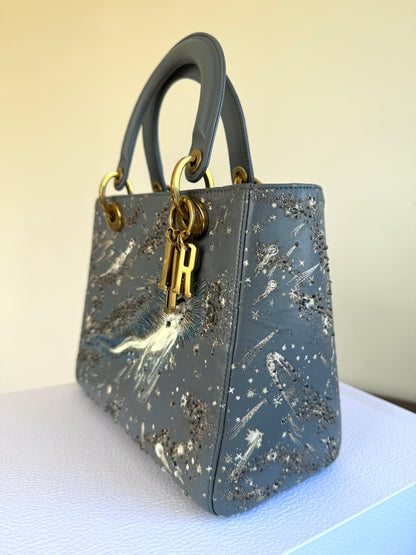 Pre-owned Dior Lady Dior Medium Grey Blue Embroidered Leather Bag