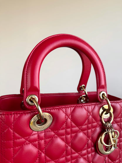 Pre-owned Dior Lady Dior Medium Red Lambskin Bag