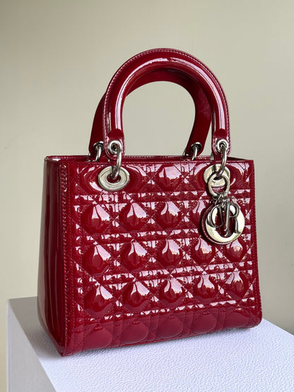 Pre-owned Dior Lady Dior Medium Burgundy Patent Leather Bag