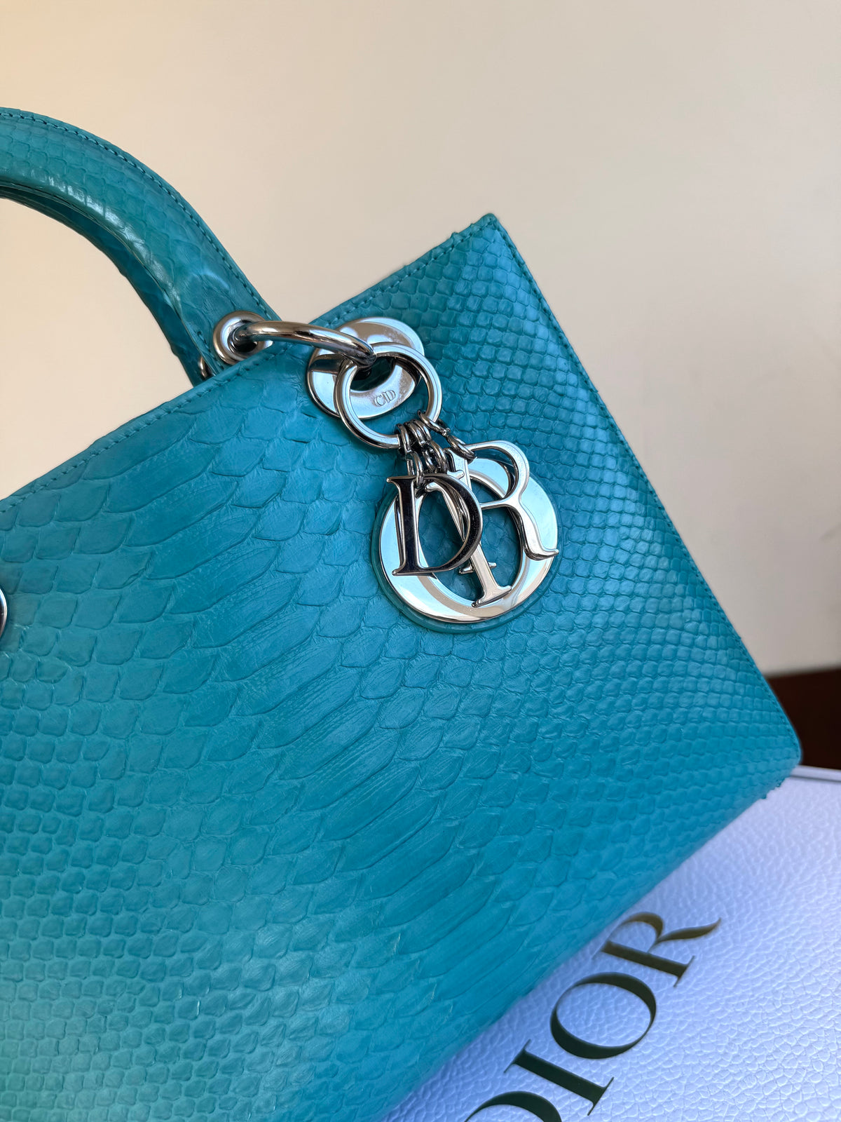 Pre-owned Dior Lady Dior Medium Tiffany Blue Python Bag