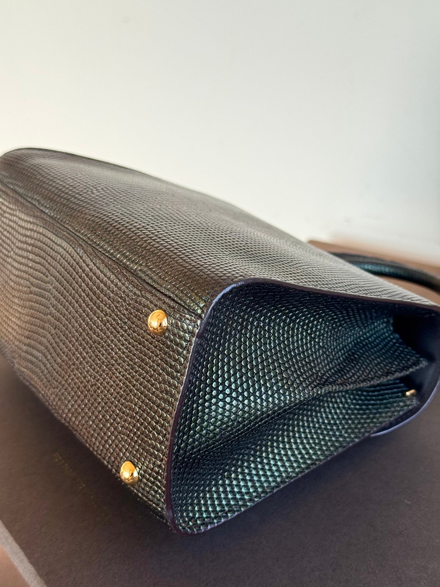 Pre-owned Delvaux Brillant Mini Metallic Dark Green Lizard Bag