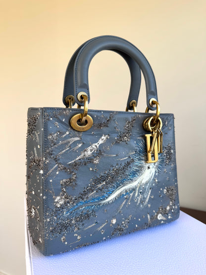 Pre-owned Dior Lady Dior Medium Grey Blue Embroidered Leather Bag
