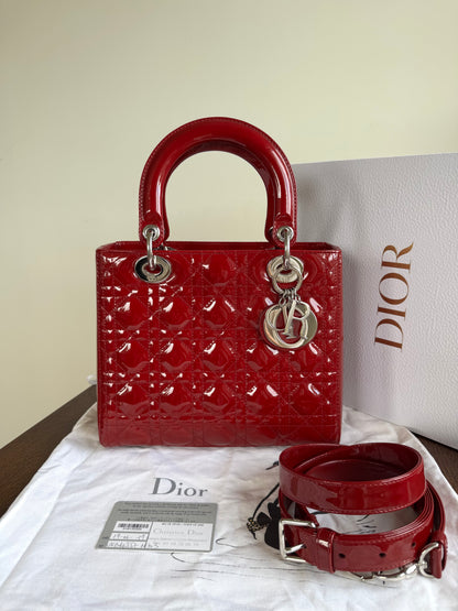 Pre-owned Dior Lady Dior Medium Burgundy Patent Leather Bag