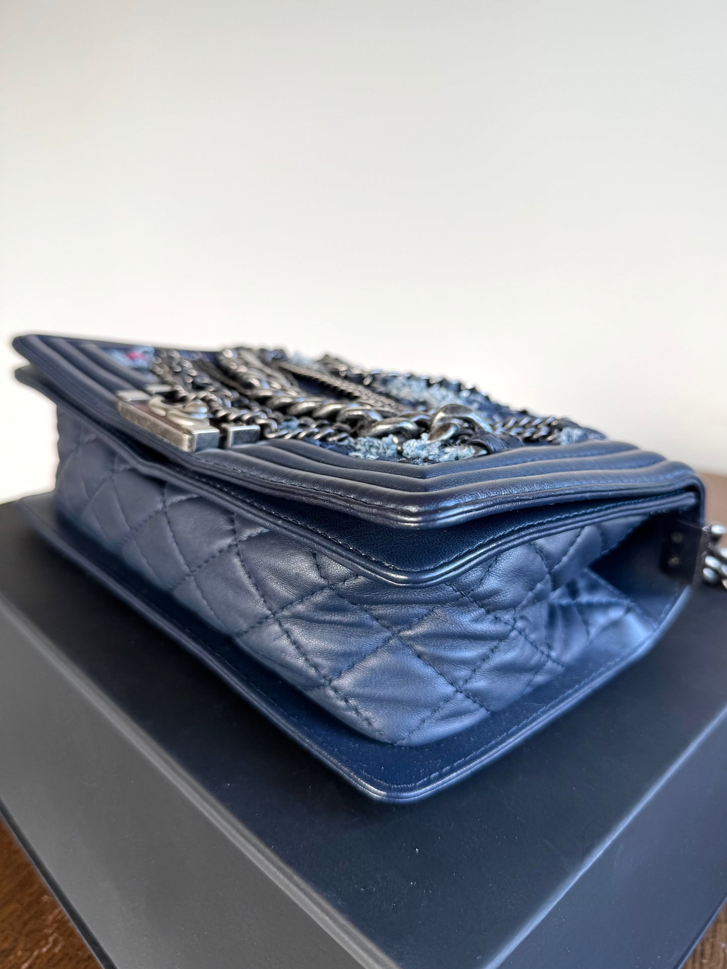 Pre-owned Chanel Boy Medium Blue Denim Tweed Leather Flap Bag