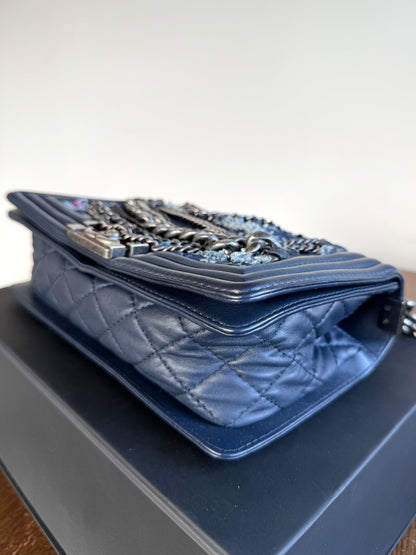 Pre-owned Chanel Boy Medium Blue Denim Tweed Leather Flap Bag