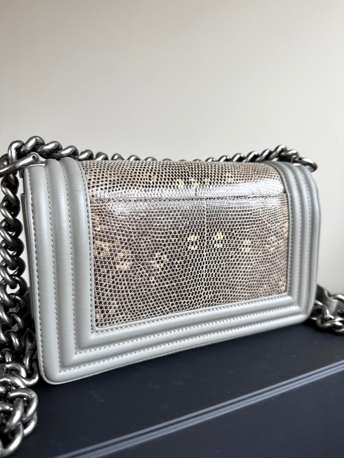 Pre-owned Chanel Boy Small Grey Lizard Leather Flap Bag