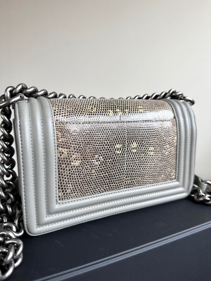 Pre-owned Chanel Boy Small Grey Lizard Leather Flap Bag