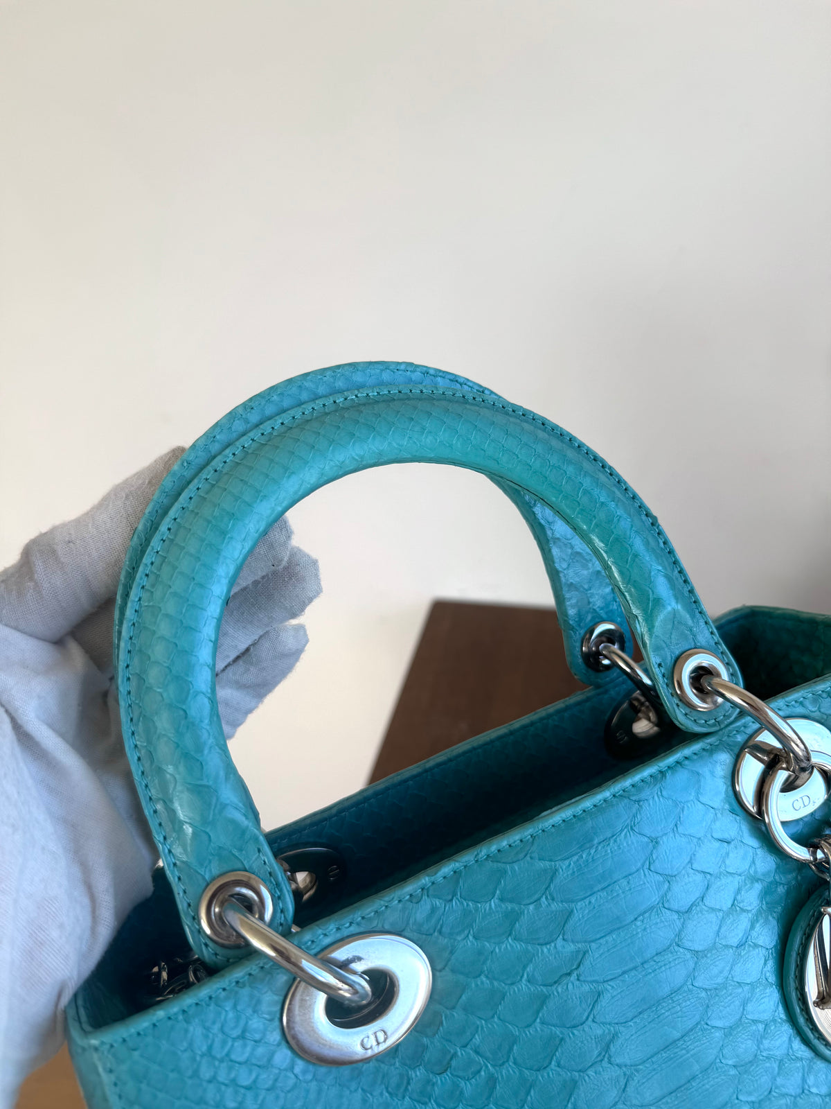 Pre-owned Dior Lady Dior Medium Tiffany Blue Python Bag