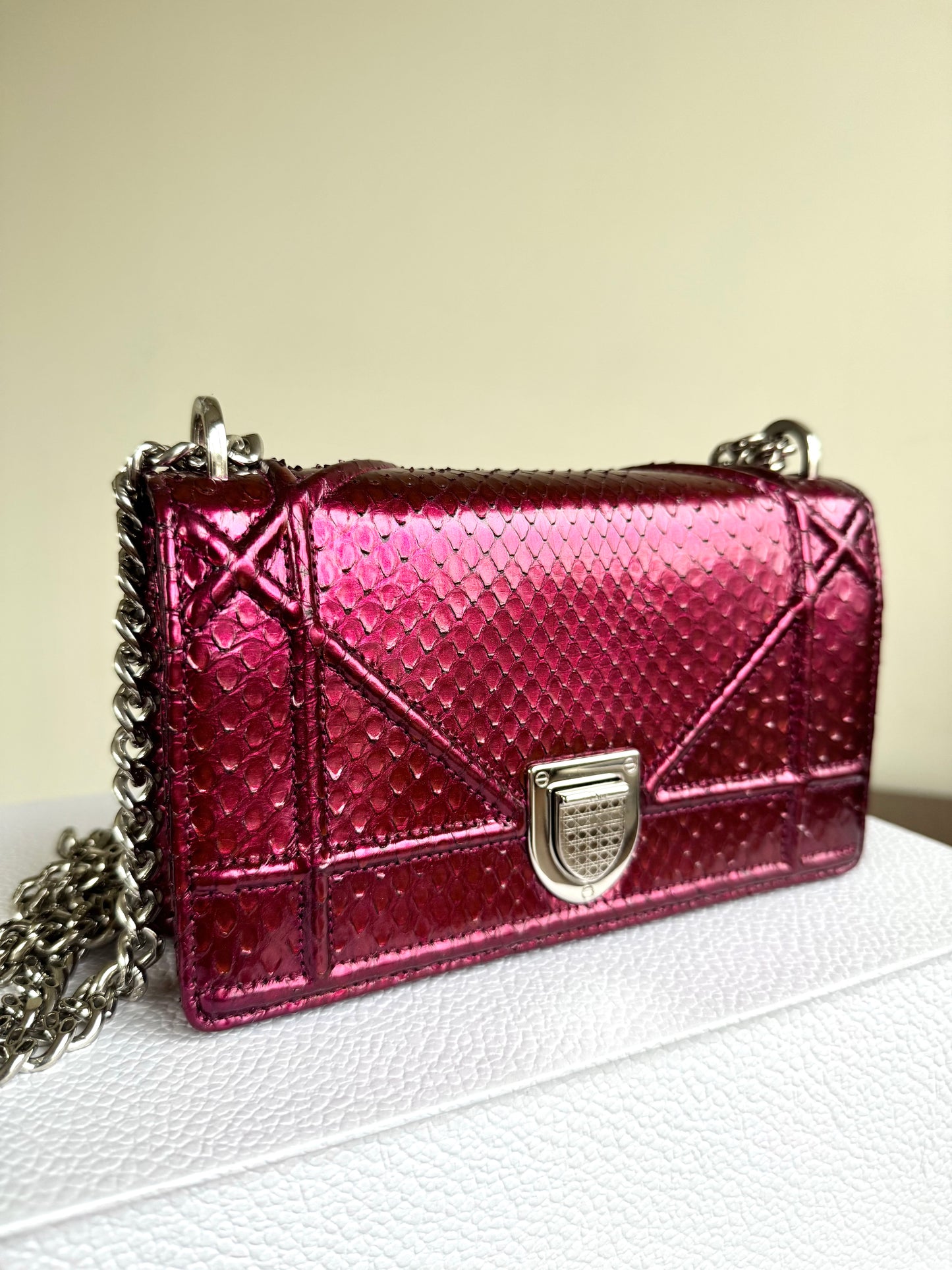 Pre-owned Dior Diorama Mini Metallic Rose Python Flap Bag