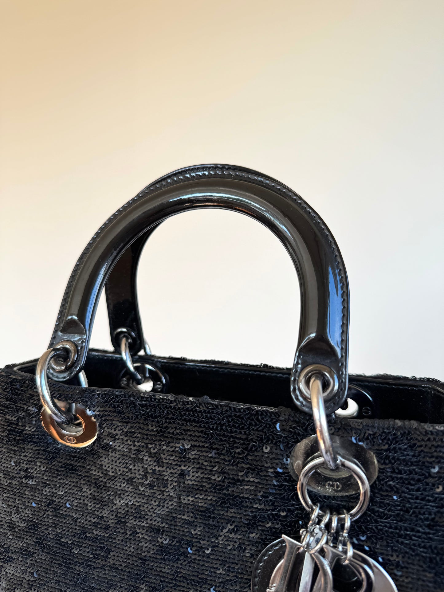 Pre-owned Dior Lady Dior Medium Black Sequin Patent Leather Bag