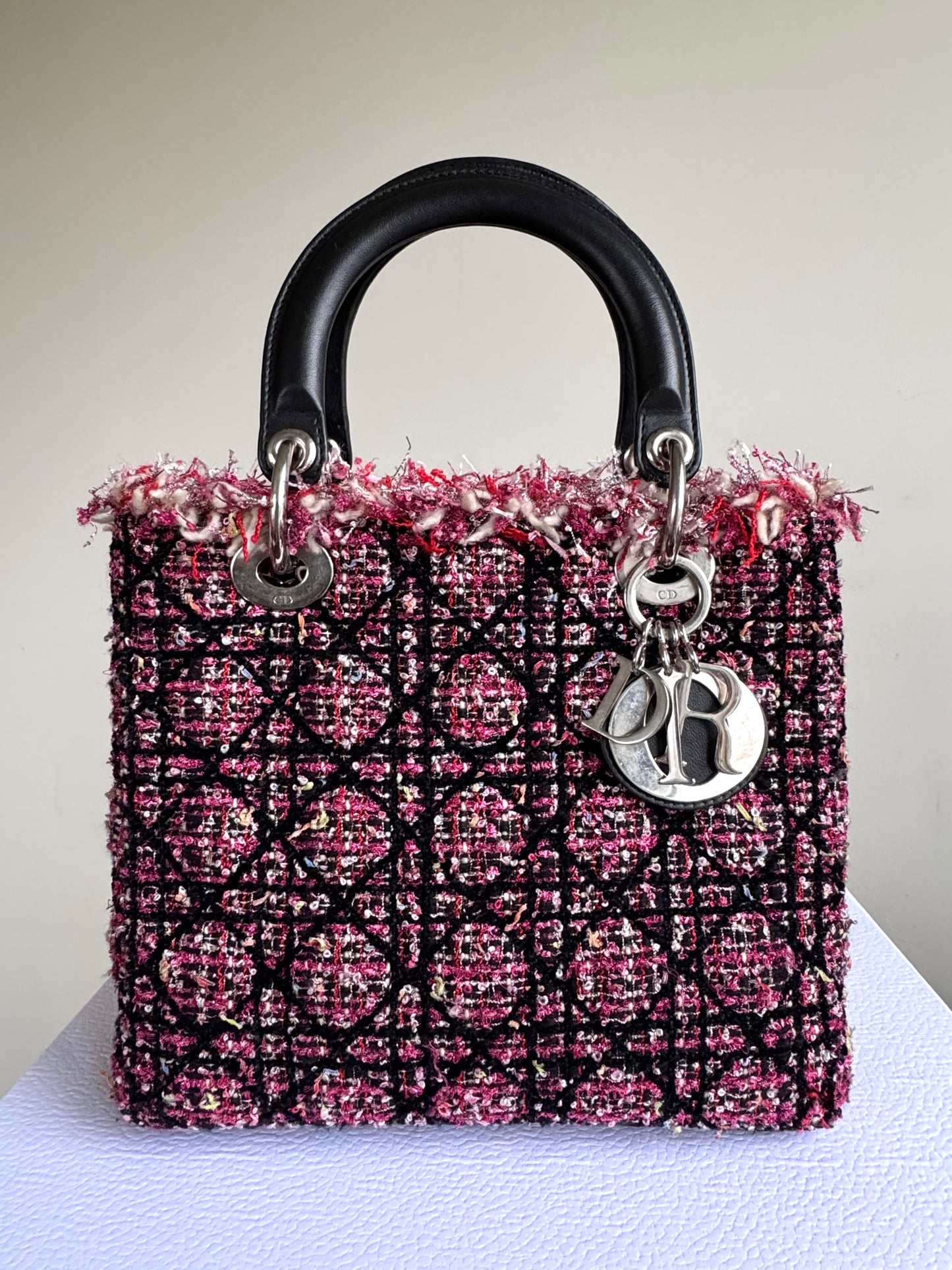Pre-owned Dior Lady Dior Medium Black Pink Tweed Bag