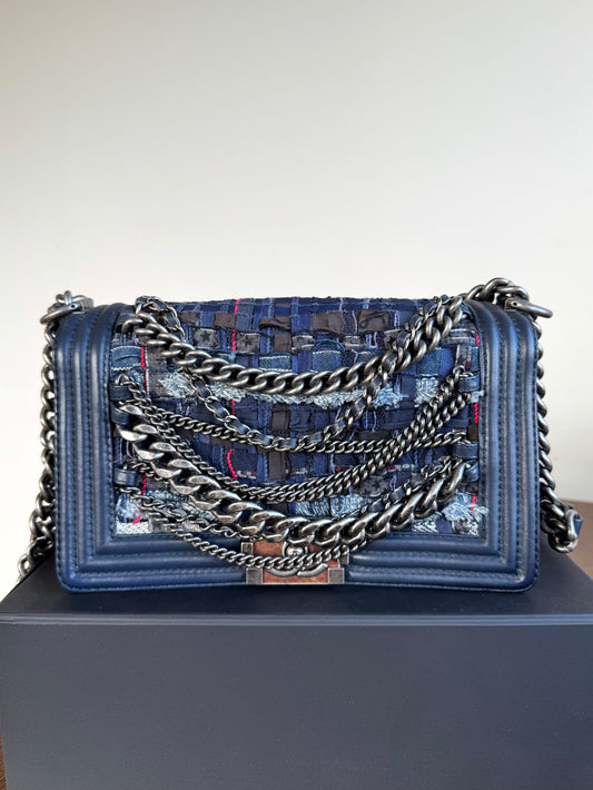 Pre-owned Chanel Boy Medium Blue Denim Tweed Leather Flap Bag
