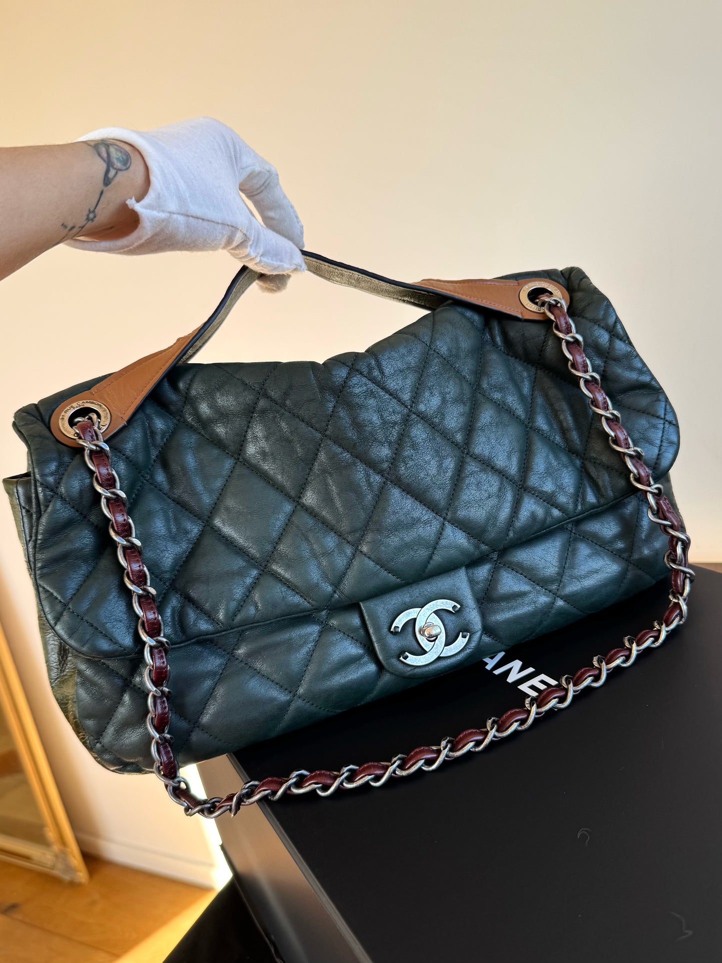 Pre-owned Chanel In The Mix Jumbo Dark Green Iridescent Leather Flap Bag