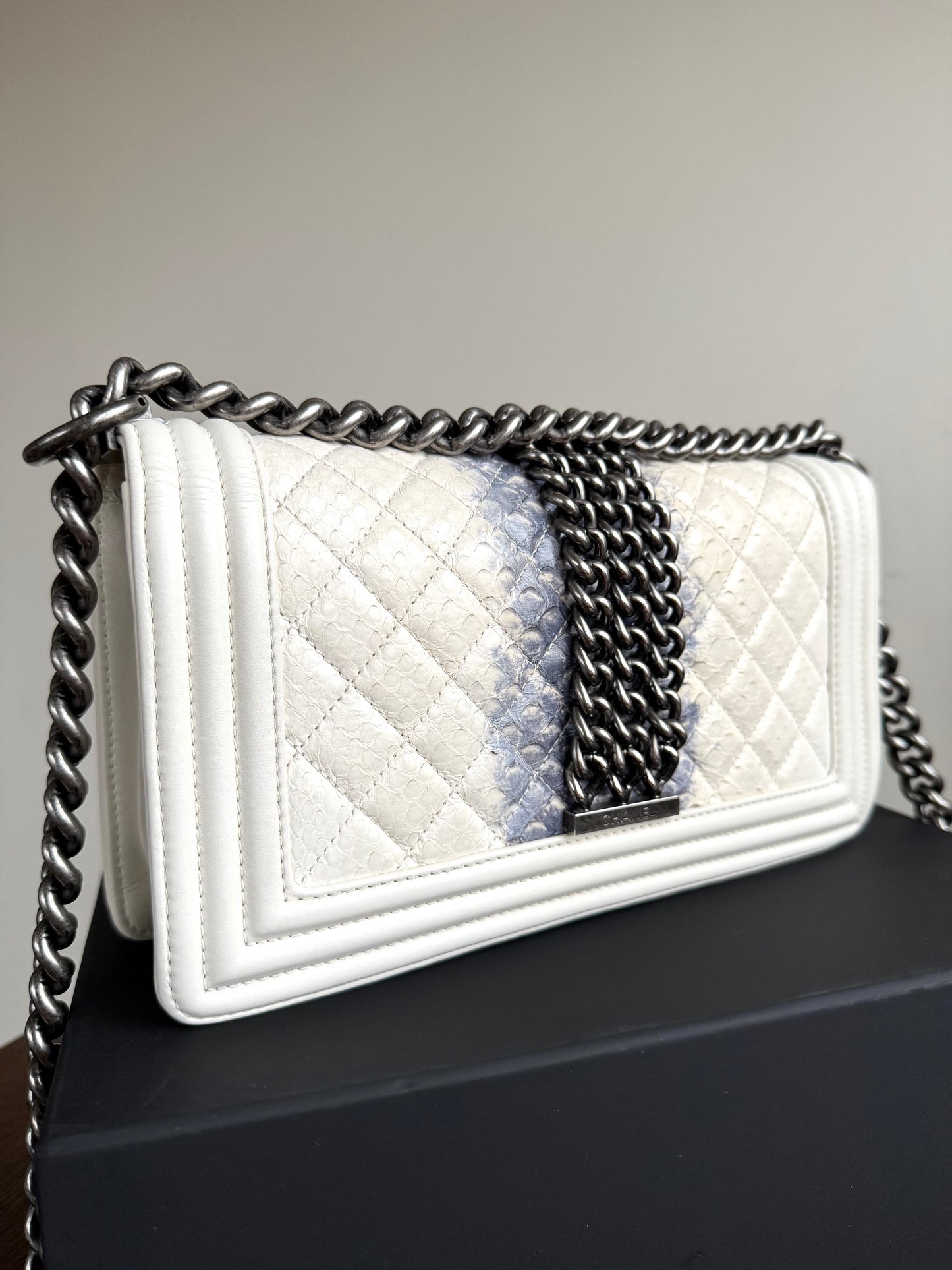 Pre-owned Chanel Boy Medium Off White Python Chain Around Flap Bag