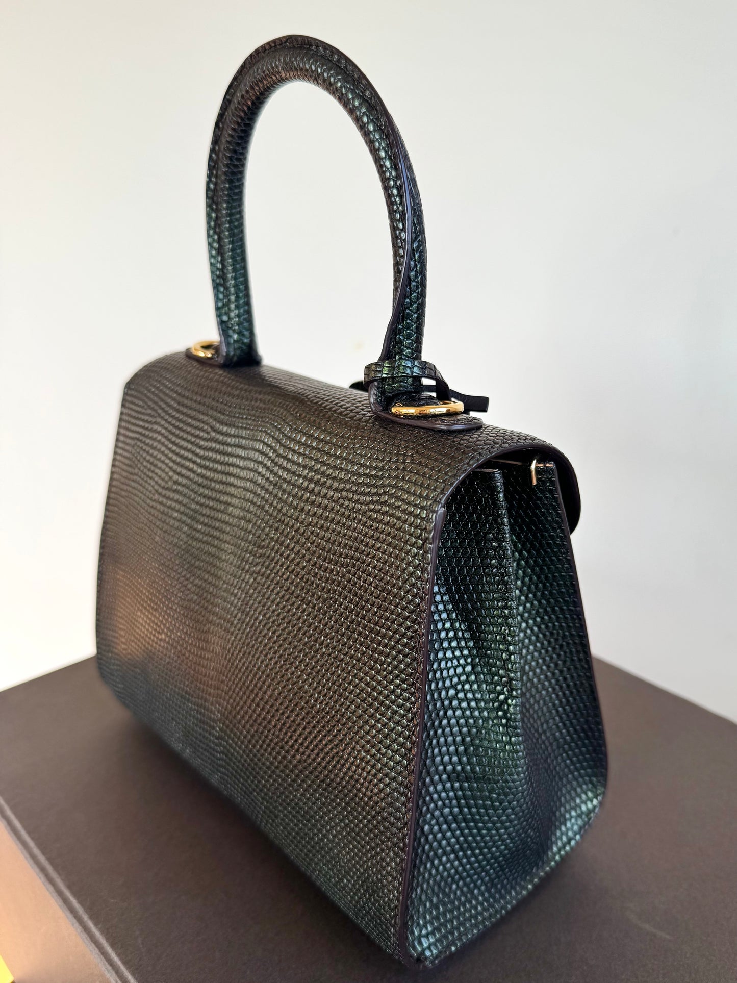 Pre-owned Delvaux Brillant Mini Metallic Dark Green Lizard Bag