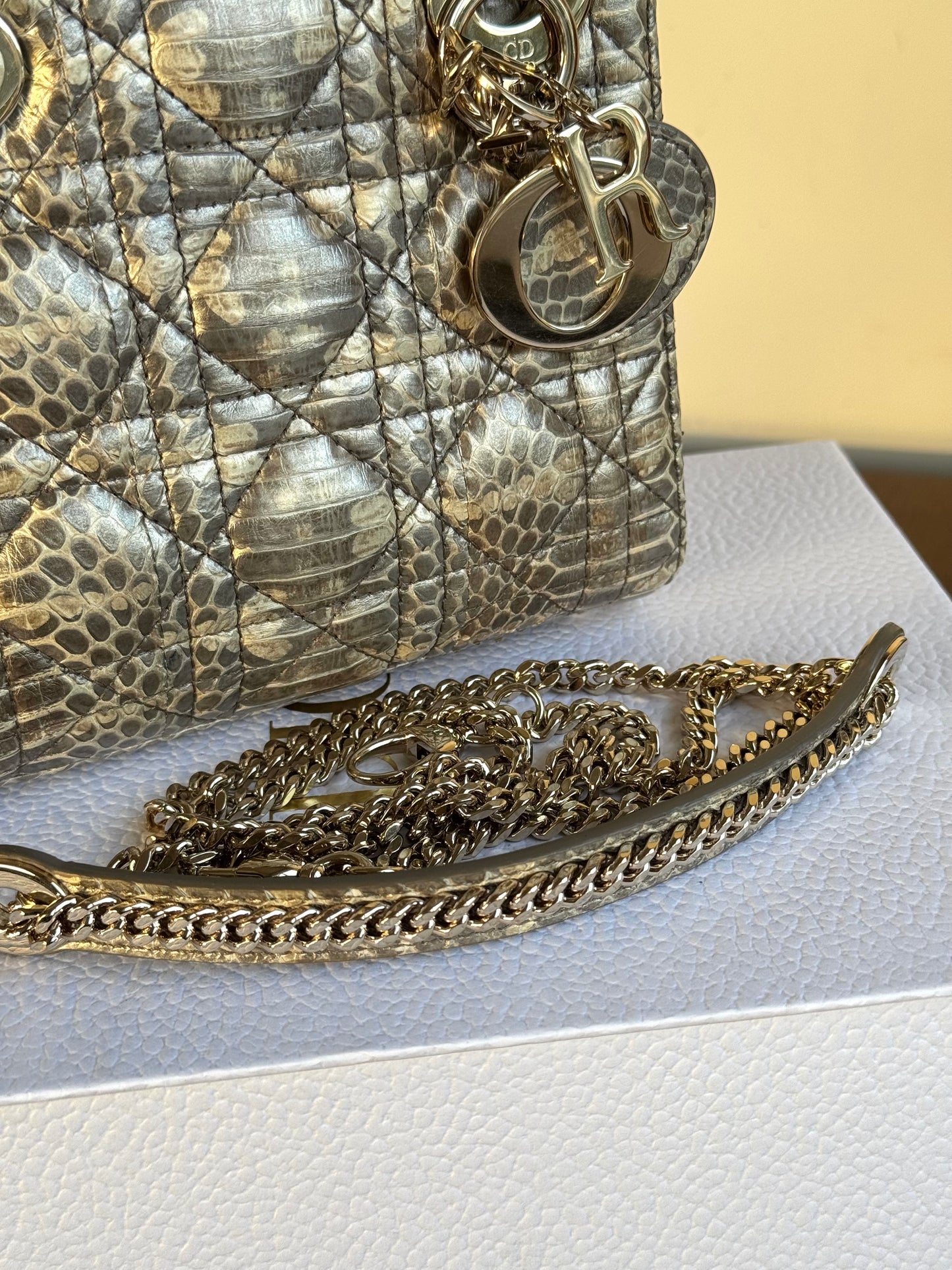 Pre-owned Dior Lady Dior Mini Metallic Grey Beige Python Bag