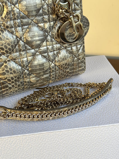 Pre-owned Dior Lady Dior Mini Metallic Grey Beige Python Bag