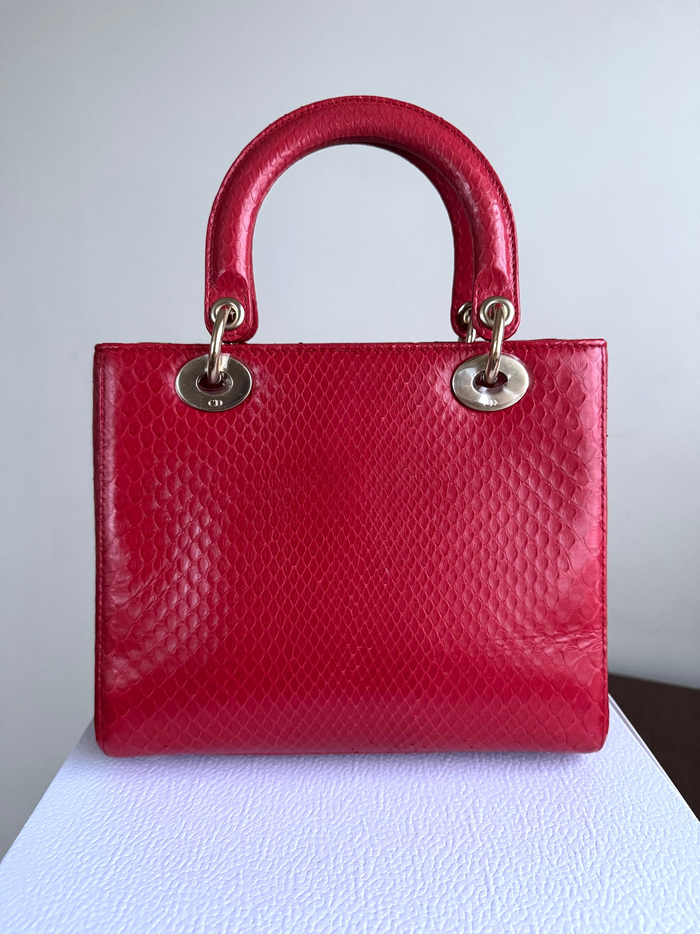 Pre-owned Dior Lady Dior Medium Red Python Bag