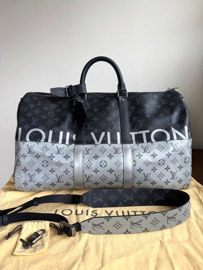 Pre-owned Louis Vuitton Keepall 50 Black Silver Eclipse Split Travel Bag