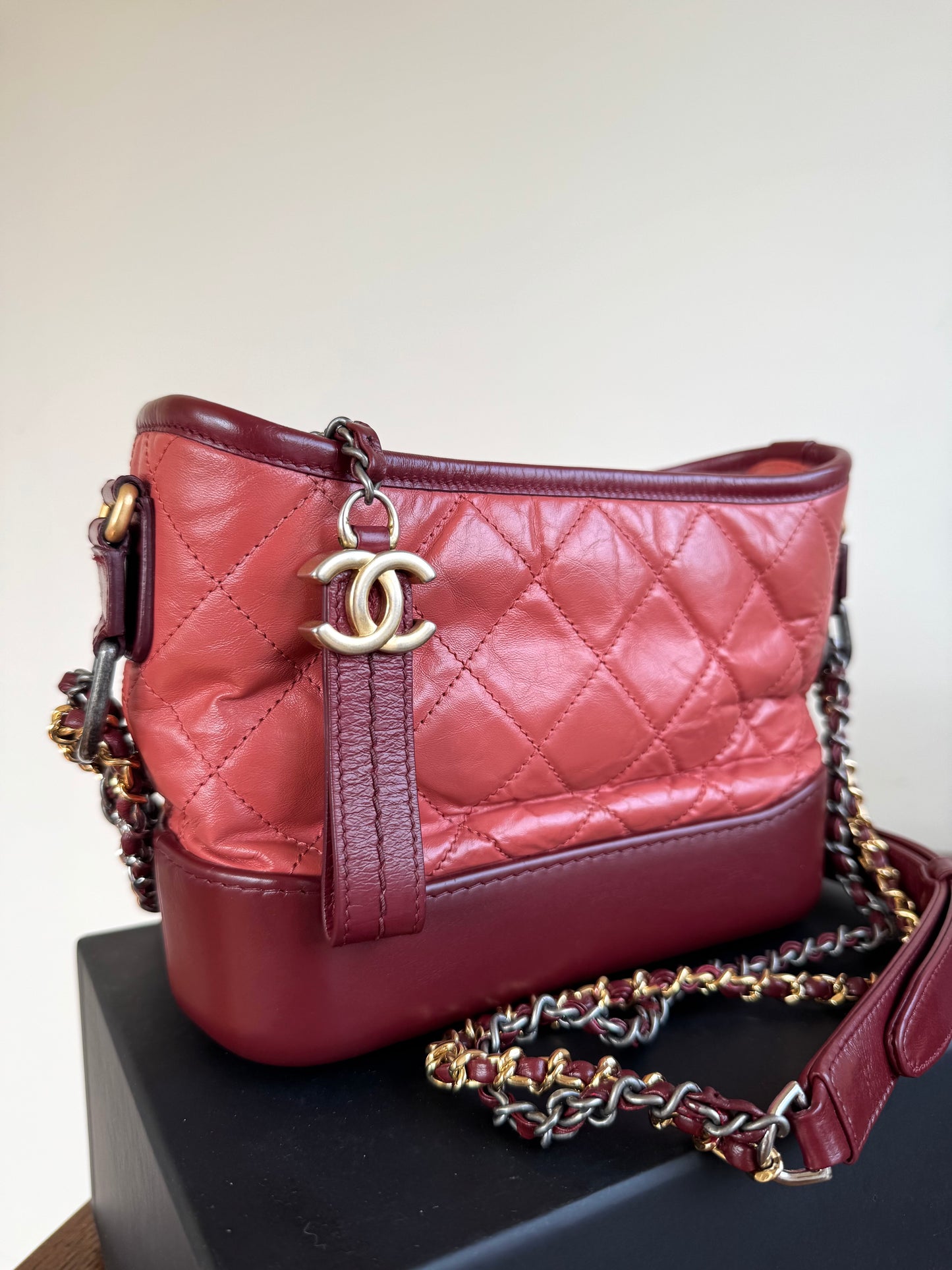 Pre-owned Chanel Gabrielle Small Brick Red Burgundy Leather Hobo Bag