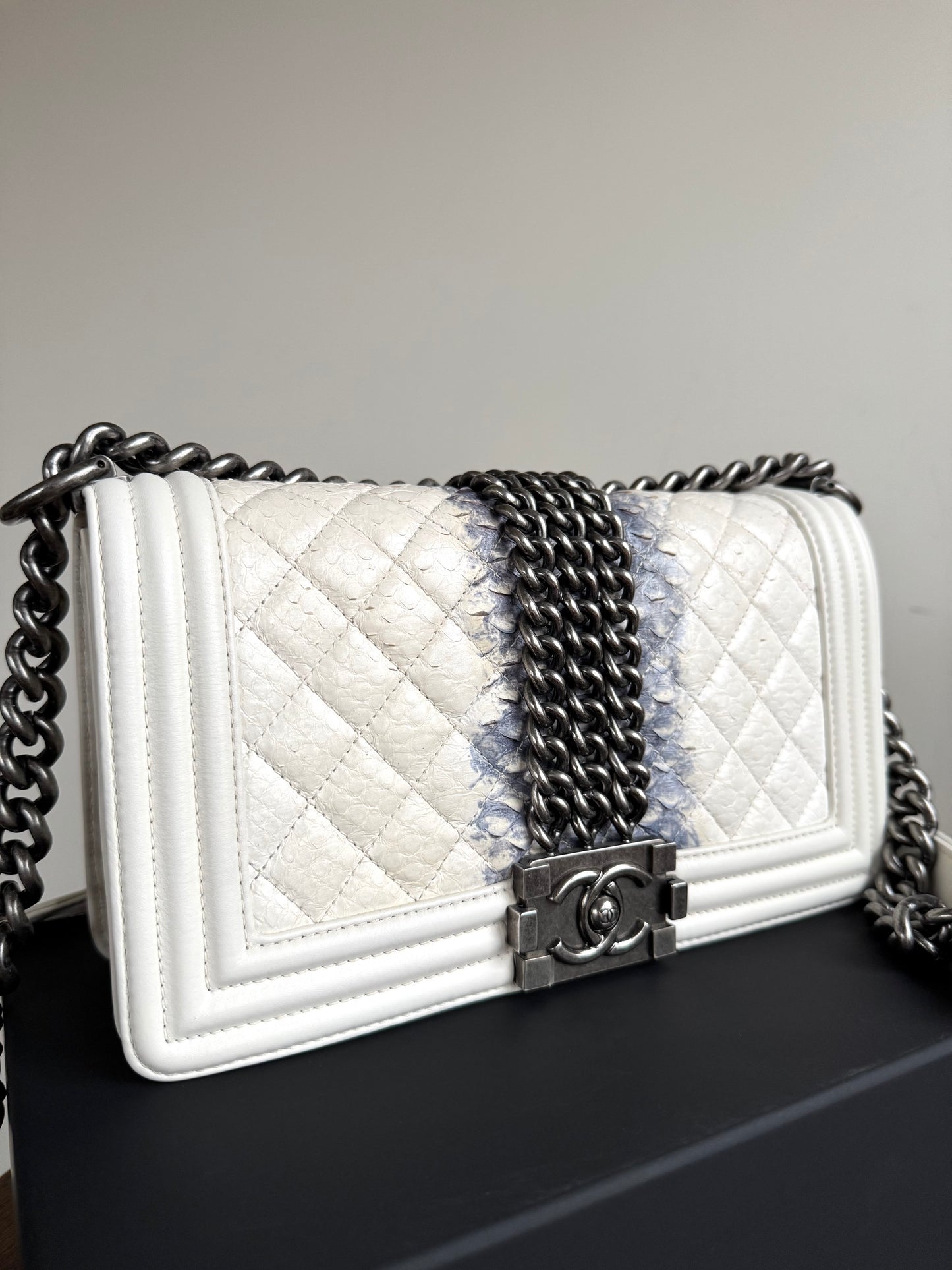 Pre-owned Chanel Boy Medium Off White Python Chain Around Flap Bag