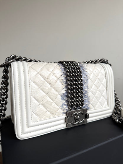 Pre-owned Chanel Boy Medium Off White Python Chain Around Flap Bag