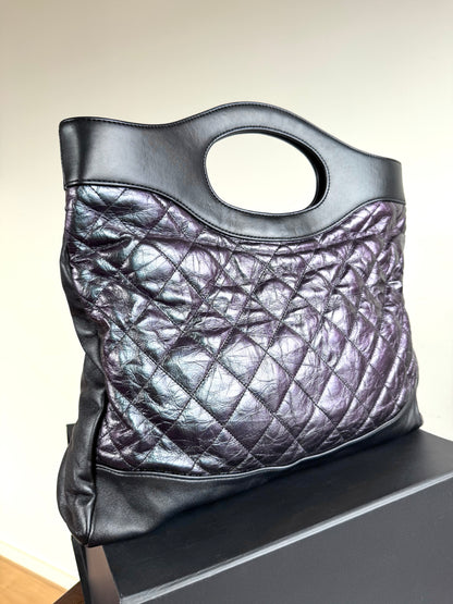 Pre-owned Chanel 31bag Large Black Purple Waxed Leather Tote Bag