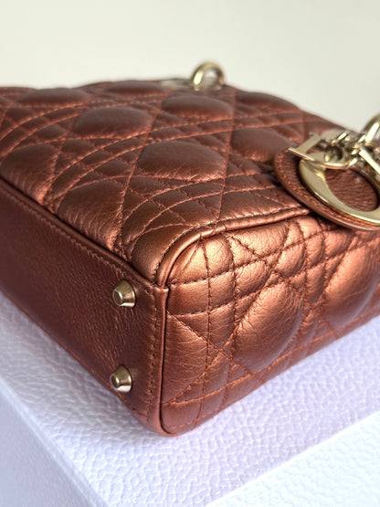 Pre-owned Dior Lady Dior Mini Bronze Lambskin Cannage Bag