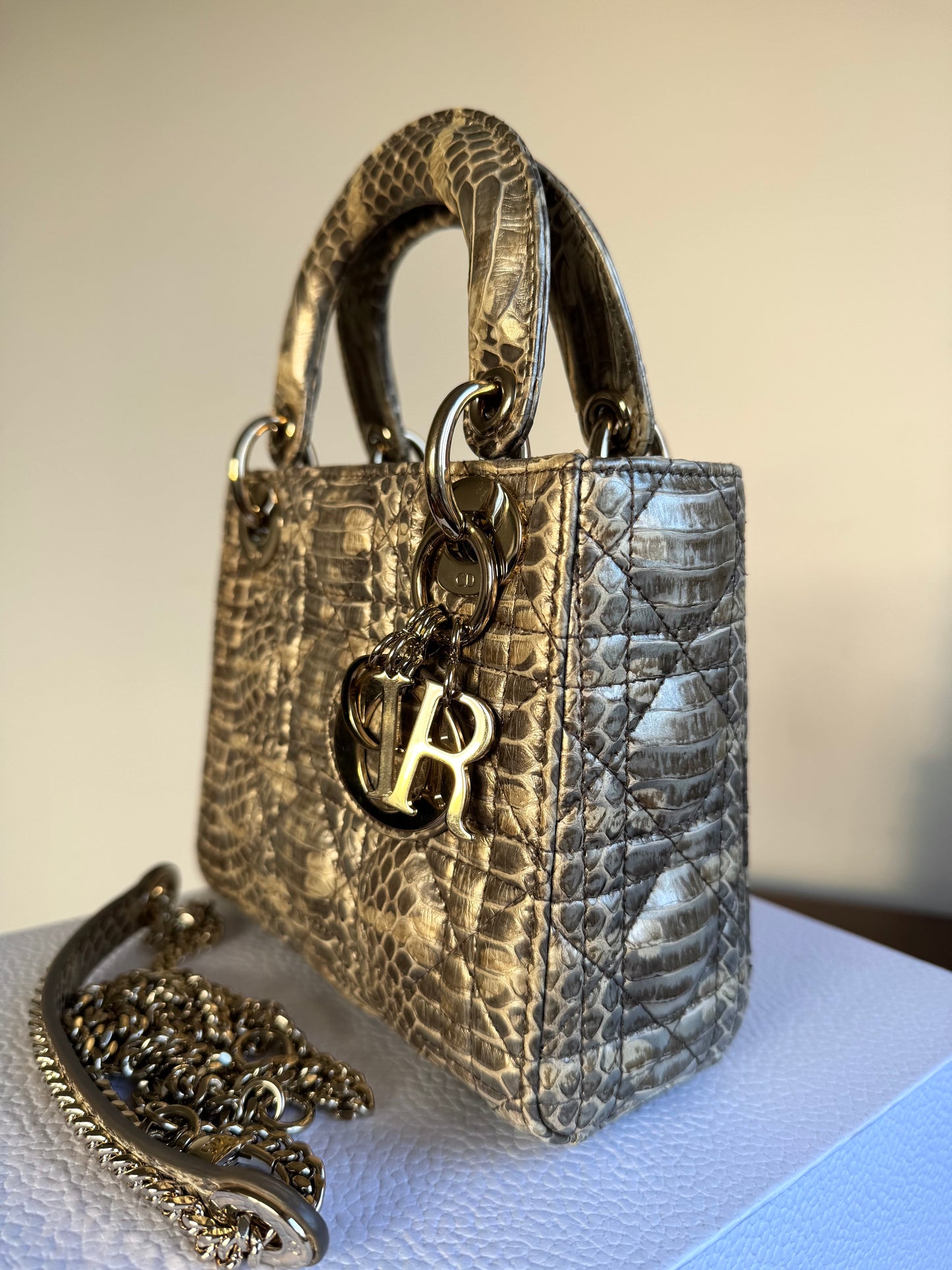 Pre-owned Dior Lady Dior Mini Metallic Grey Beige Python Bag