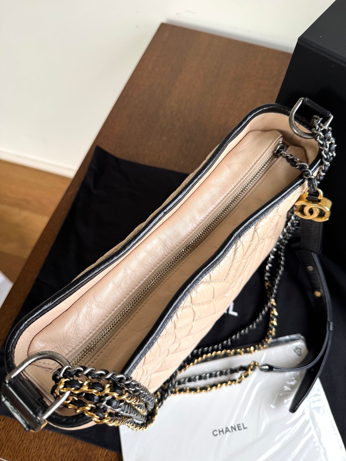 Pre-owned Chanel Gabrielle Medium V-Stitch Beige Black Leather Hobo Bag