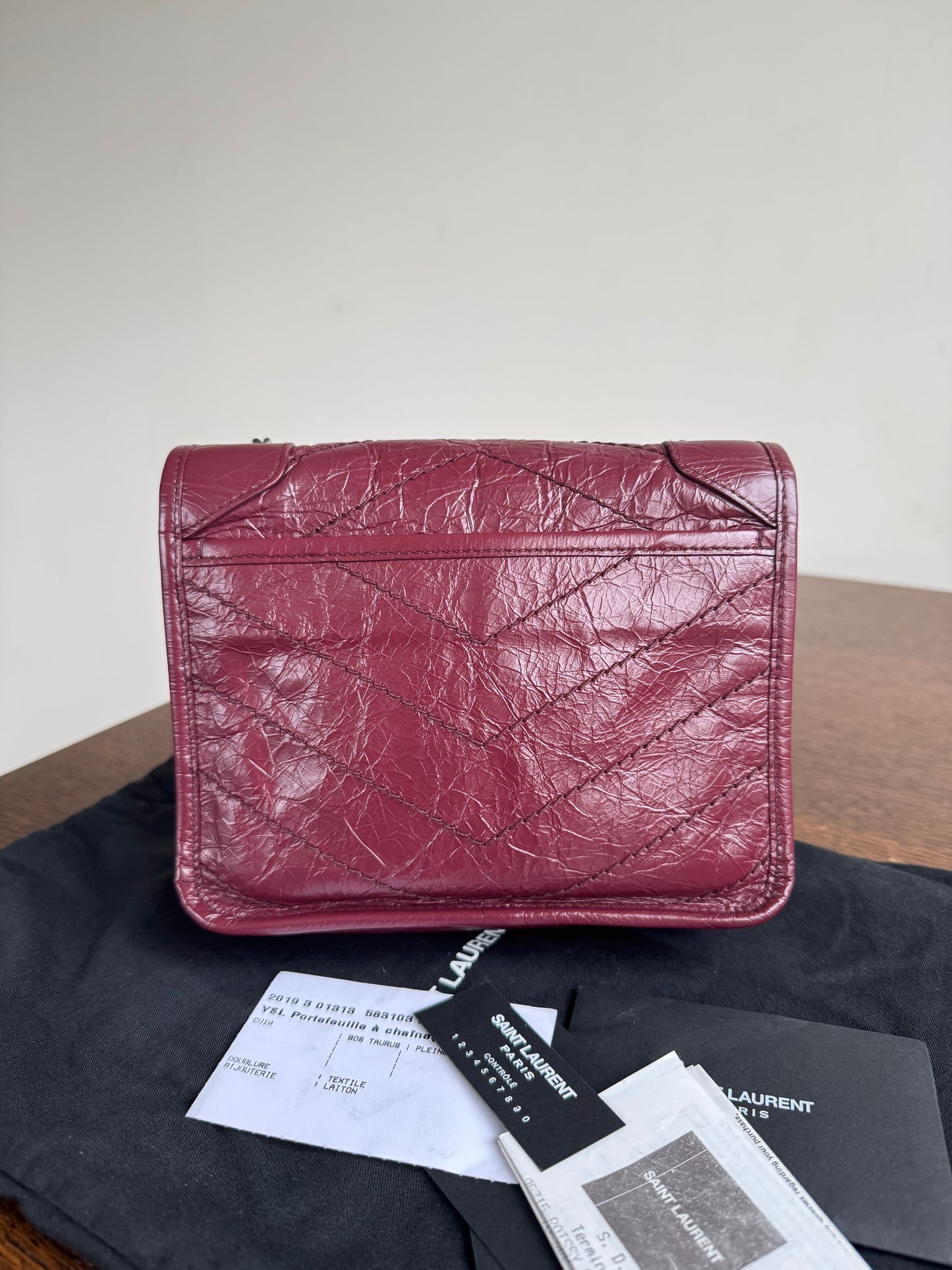 Pre-owned Saint Laurent Niki Mini Burgundy Leather Flap Bag