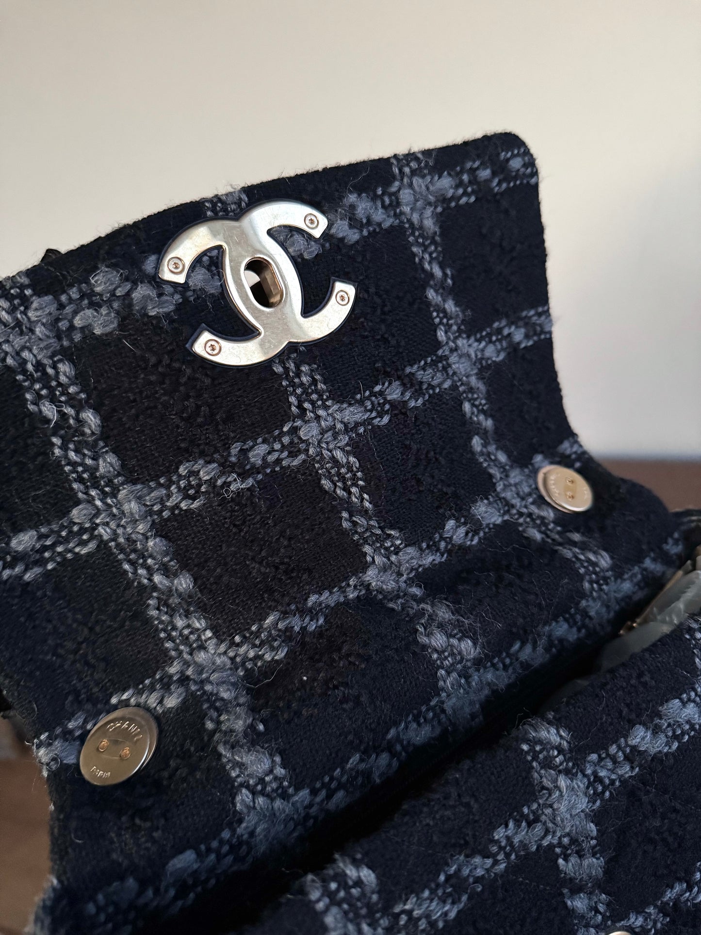 Pre-owned Chanel 19 Small Black Tweed Flap Bag