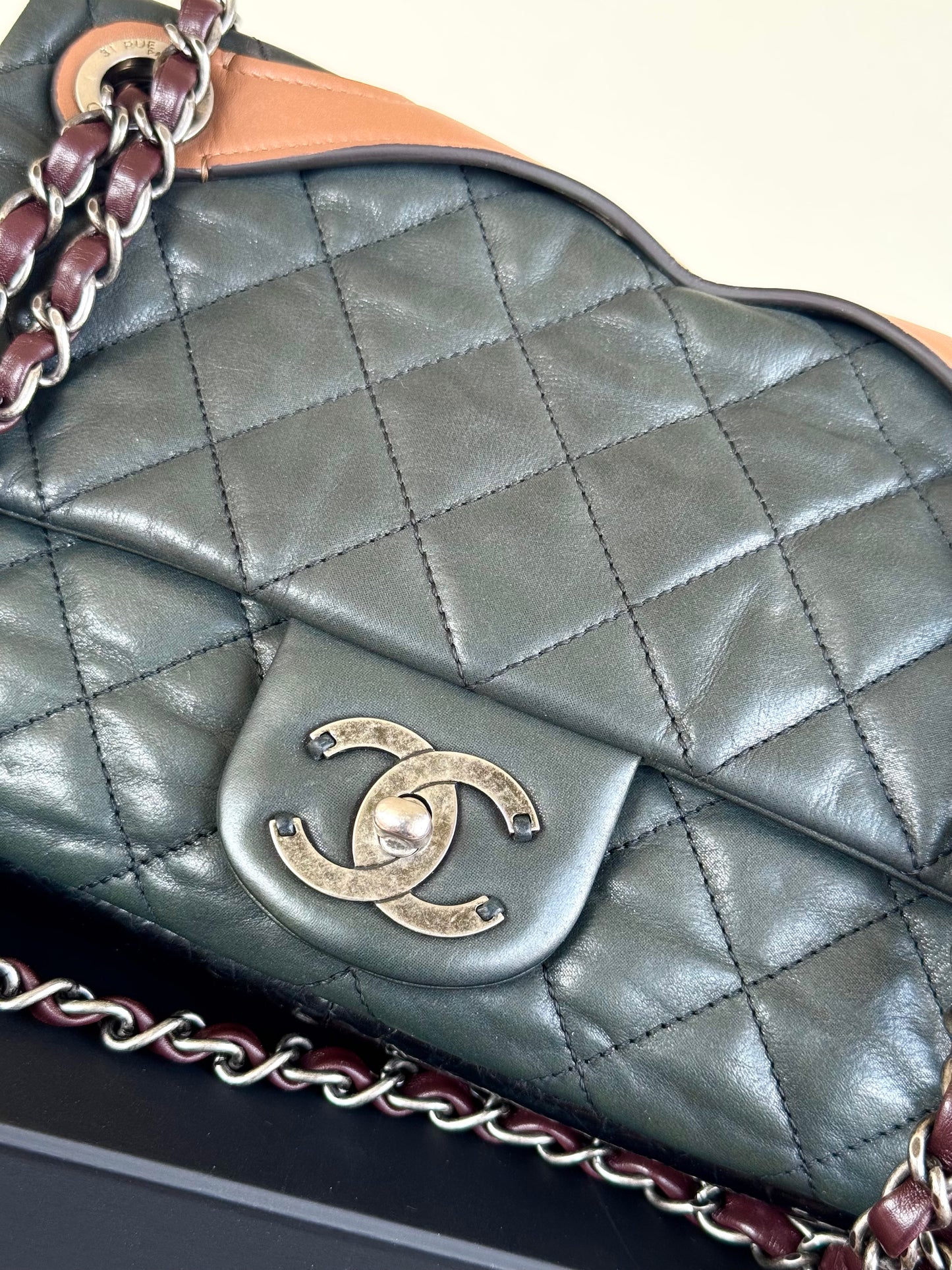 Pre-owned Chanel In The Mix Medium Dark Green Iridescent Leather Flap Bag