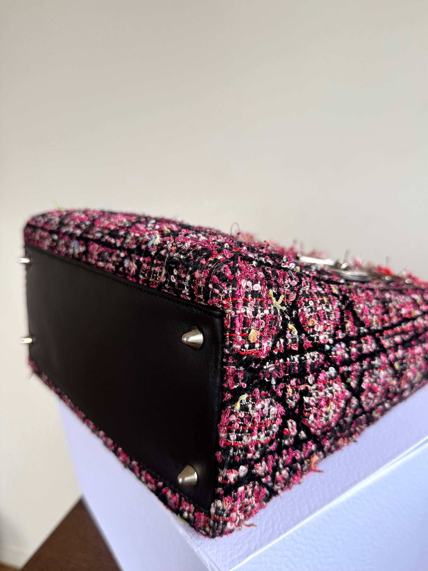 Pre-owned Dior Lady Dior Medium Black Pink Tweed Bag