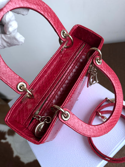 Pre-owned Dior Lady Dior Medium Red Python Bag