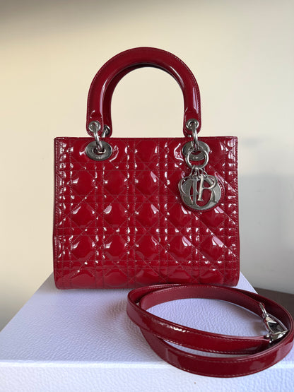 Pre-owned Dior Lady Dior Medium Burgundy Patent Leather Bag