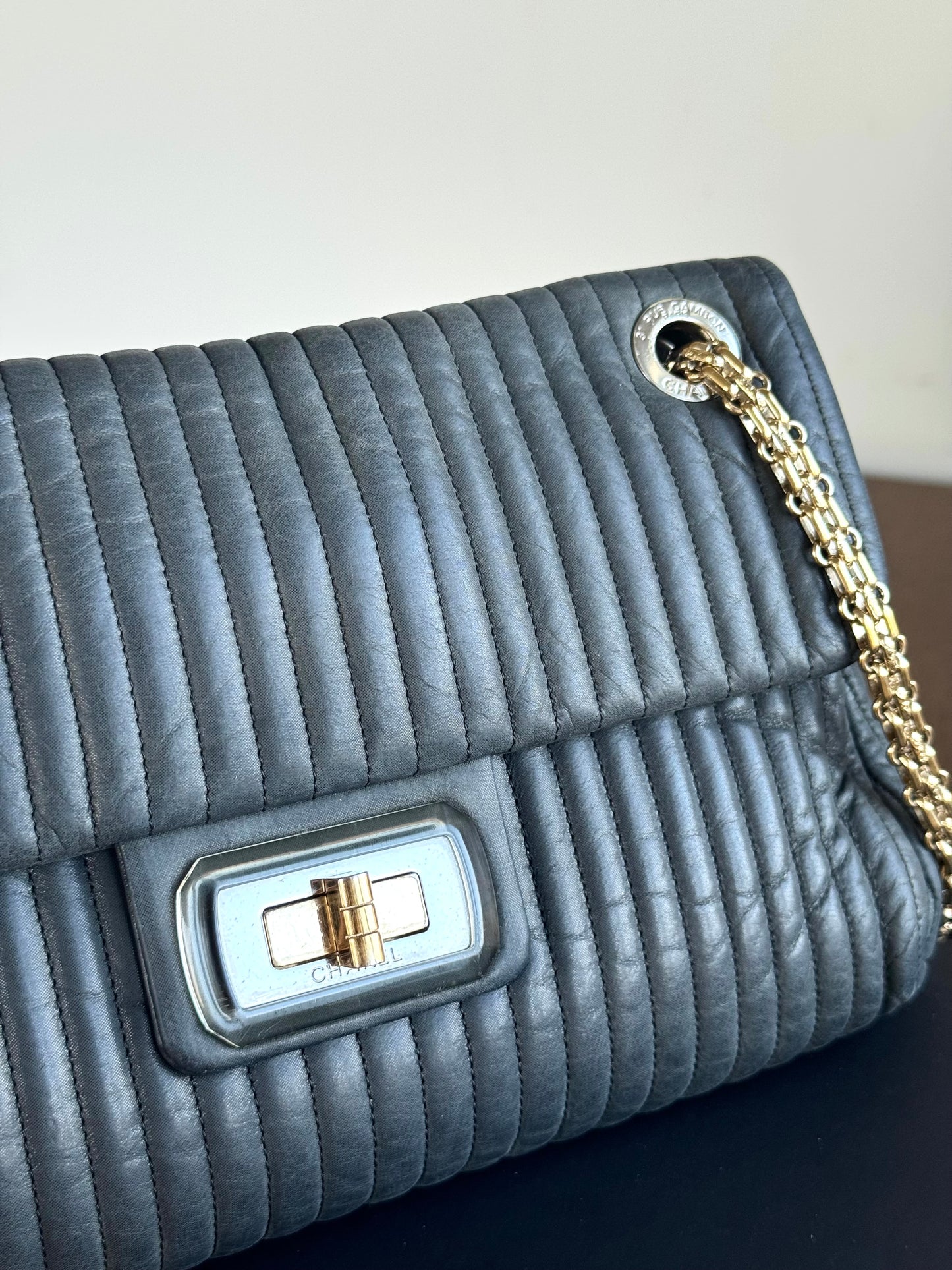 Pre-owned Chanel 2.55 Vertical Dark Grey Iridescent Leather Flap Bag