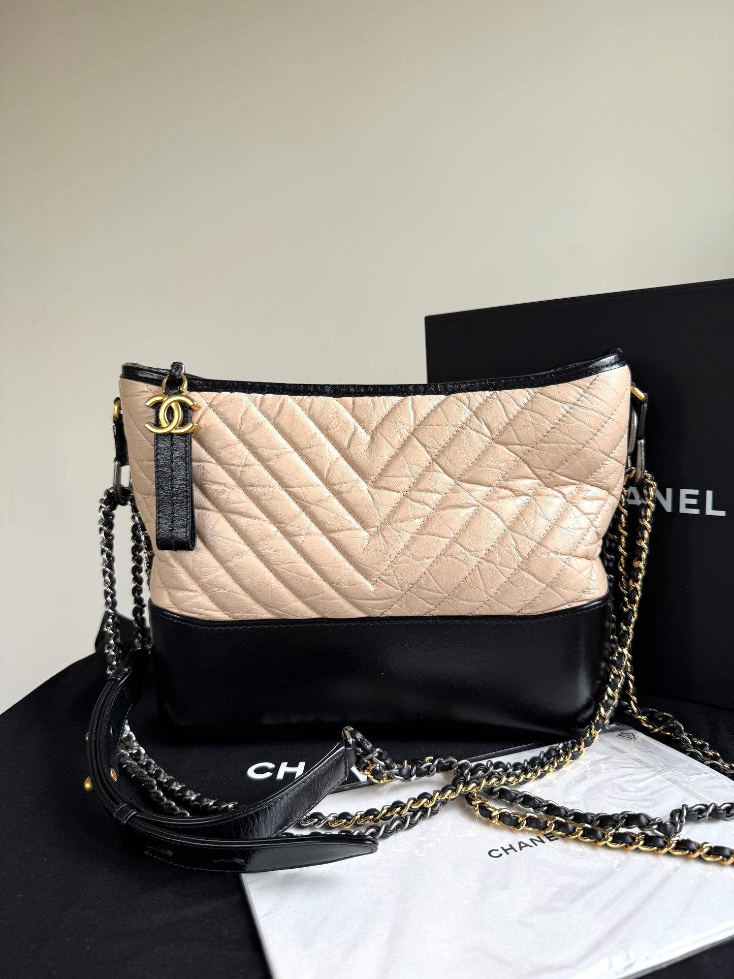 Pre-owned Chanel Gabrielle Medium V-Stitch Beige Black Leather Hobo Bag