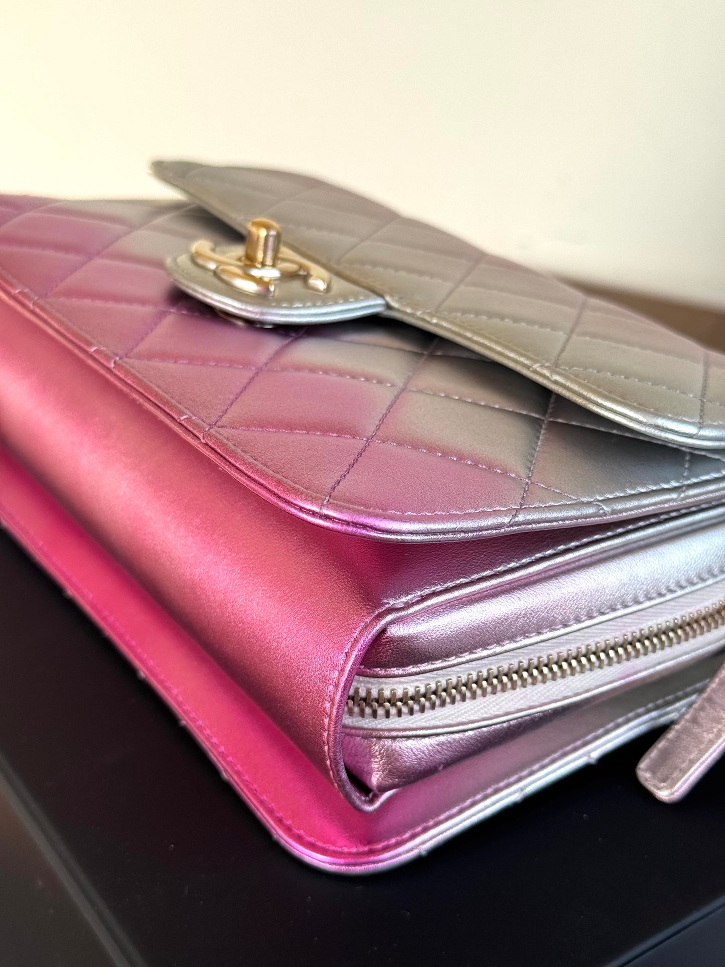 Pre-owned Chanel Like A Wallet Metallic Silver Pink Lambskin Flap Bag