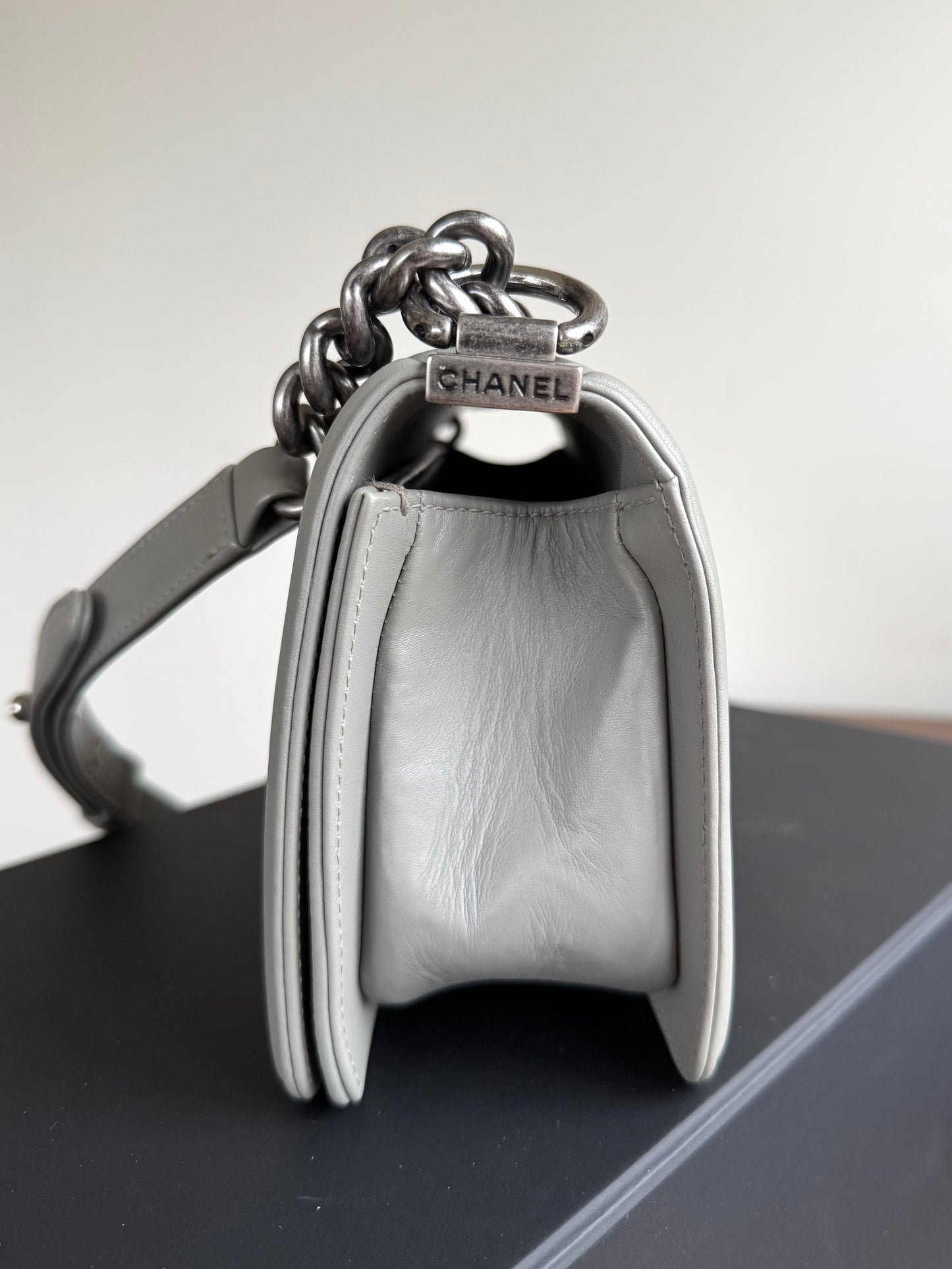 Pre-owned Chanel Boy Small Grey Lizard Leather Flap Bag