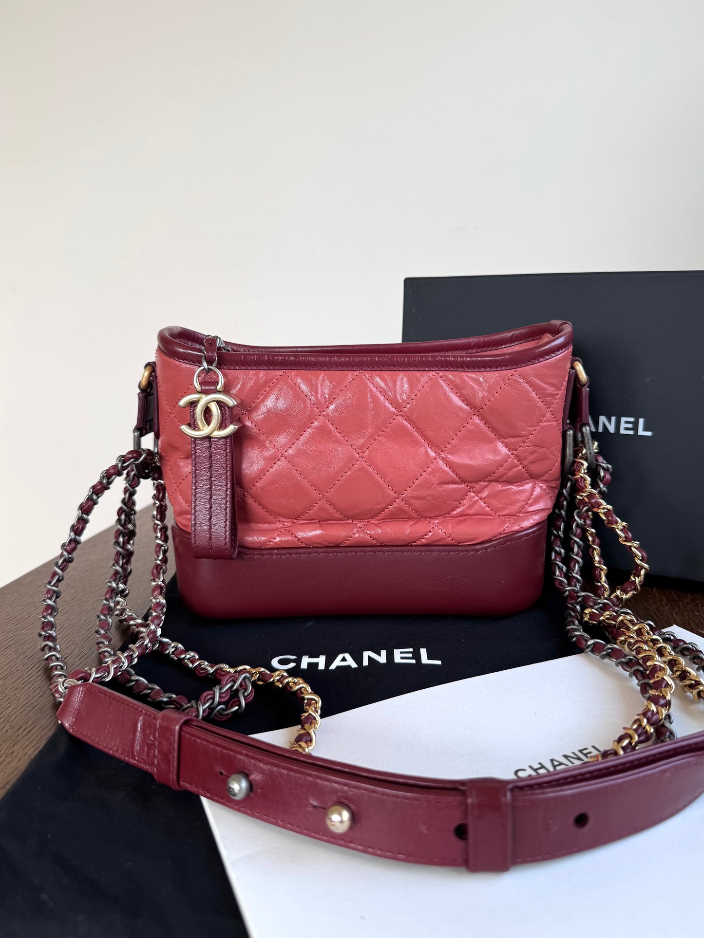 Pre-owned Chanel Gabrielle Small Brick Red Burgundy Leather Hobo Bag