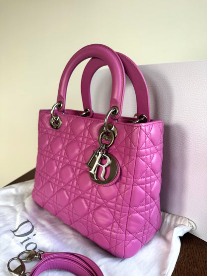 Pre-owned Dior Lady Dior Medium Pink Lambskin Bag