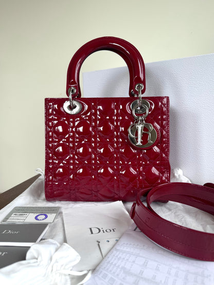 Pre-owned Dior Lady Dior Medium Burgundy Patent Leather Bag