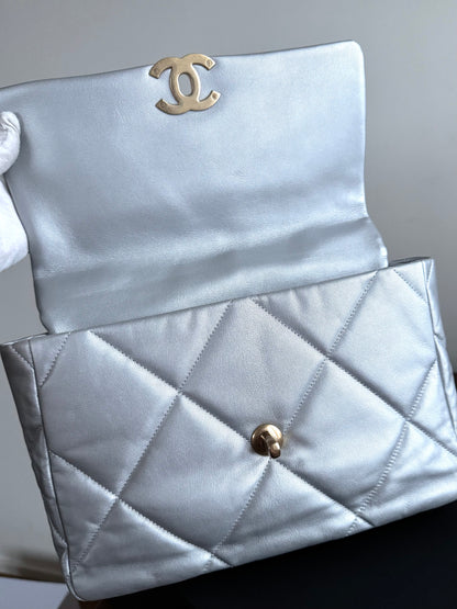 Pre-owned Chanel 19 Large Silver Lambskin Flap Bag
