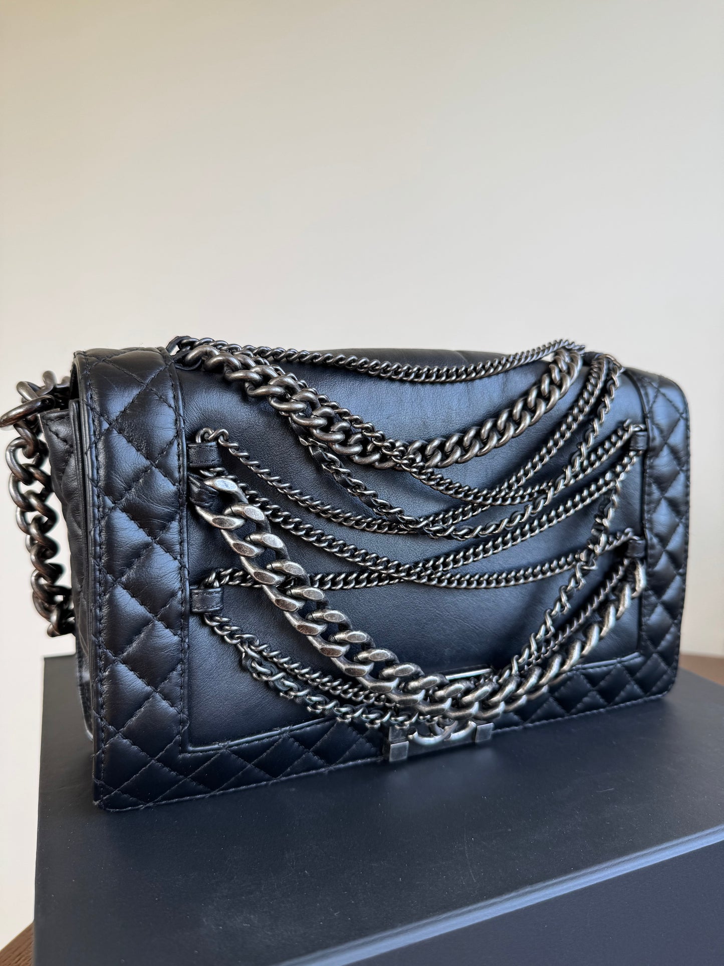 Pre-owned Chanel Boy Large Black Leather Multi-chain Flap Bag Limited Edition