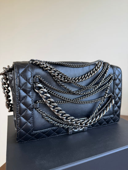 Pre-owned Chanel Boy Large Black Leather Multi-chain Flap Bag Limited Edition