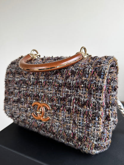 Pre-owned Chanel Knock On Wood Brown Tweed Top Handle Flap Bag