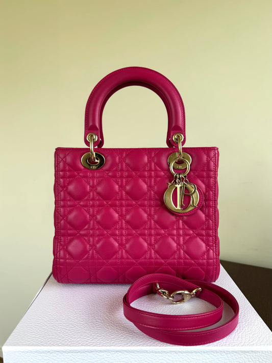 Pre-owned Dior Lady Dior Medium Pink Lambskin Bag