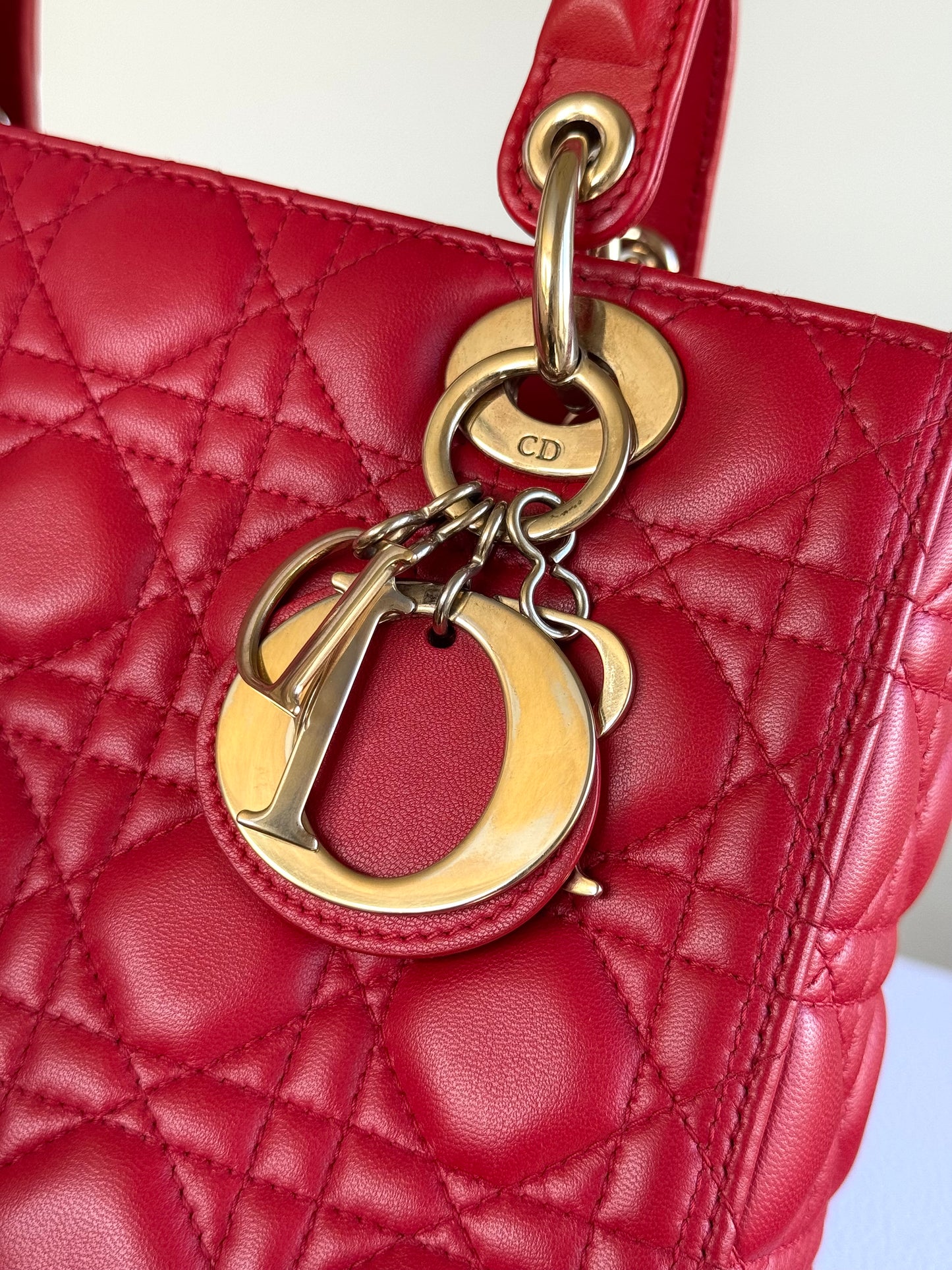 Pre-owned Dior Lady Dior Medium Red Lambskin Bag